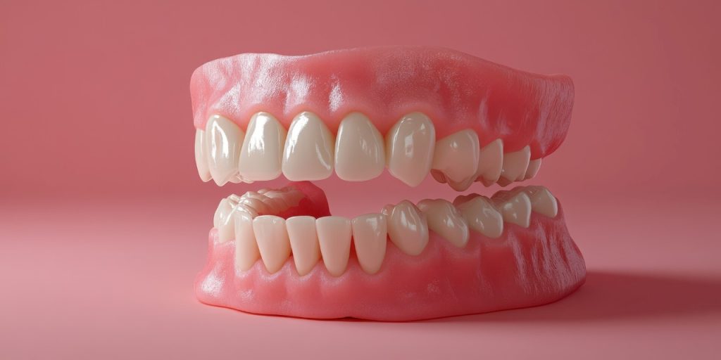 Realistic dental model showcasing human teeth and gums against a pink background in a clinical setting