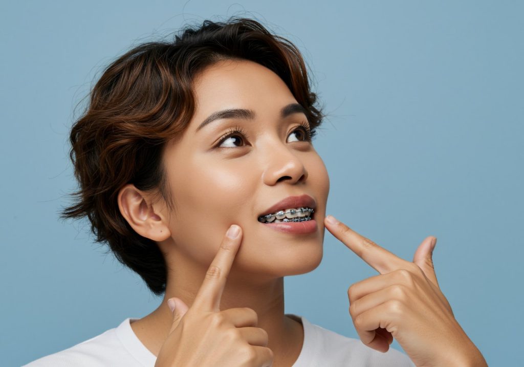 Smiling woman shows off braces