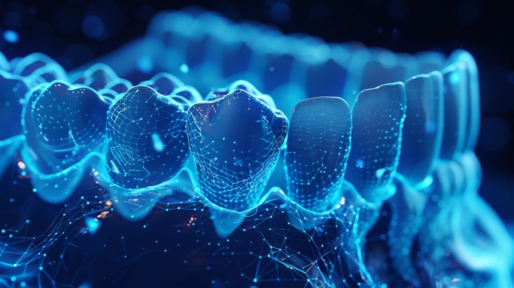 A detailed digital illustration portrays a row of human teeth mapped with glowing blue lines and nodes, emphasizing technological advancements in dental science