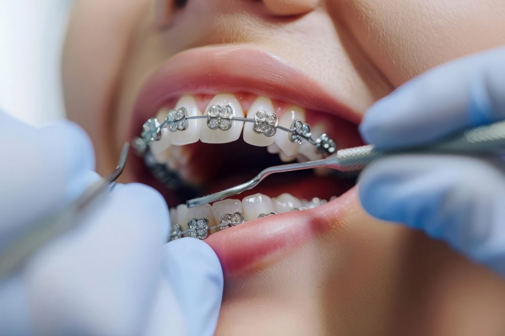 Orthodontist Examines Braces on Patient's Teeth During Dental Appointment