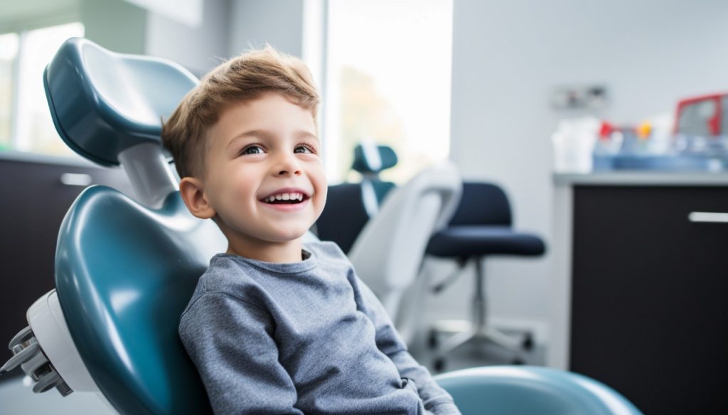 child sitting in a dental clinic chair smiling at a dentist