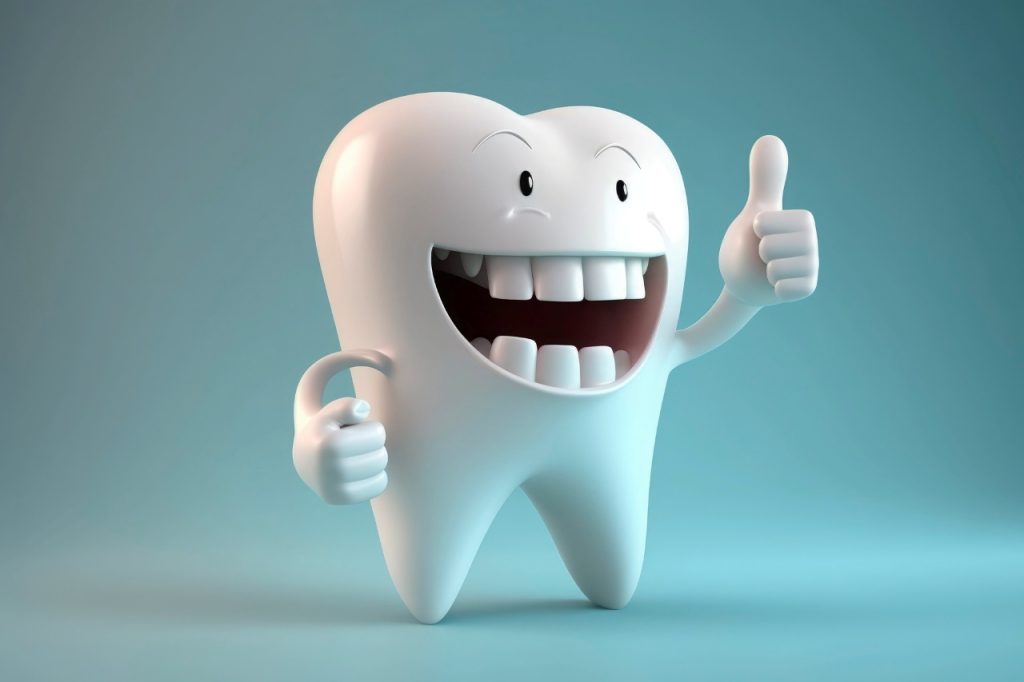 Tooth cartoon character with thumbs up on bright background