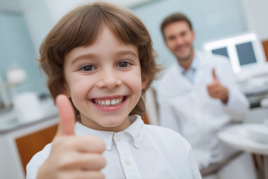 little boy smiling with his thumb up in a orthodontic clinic