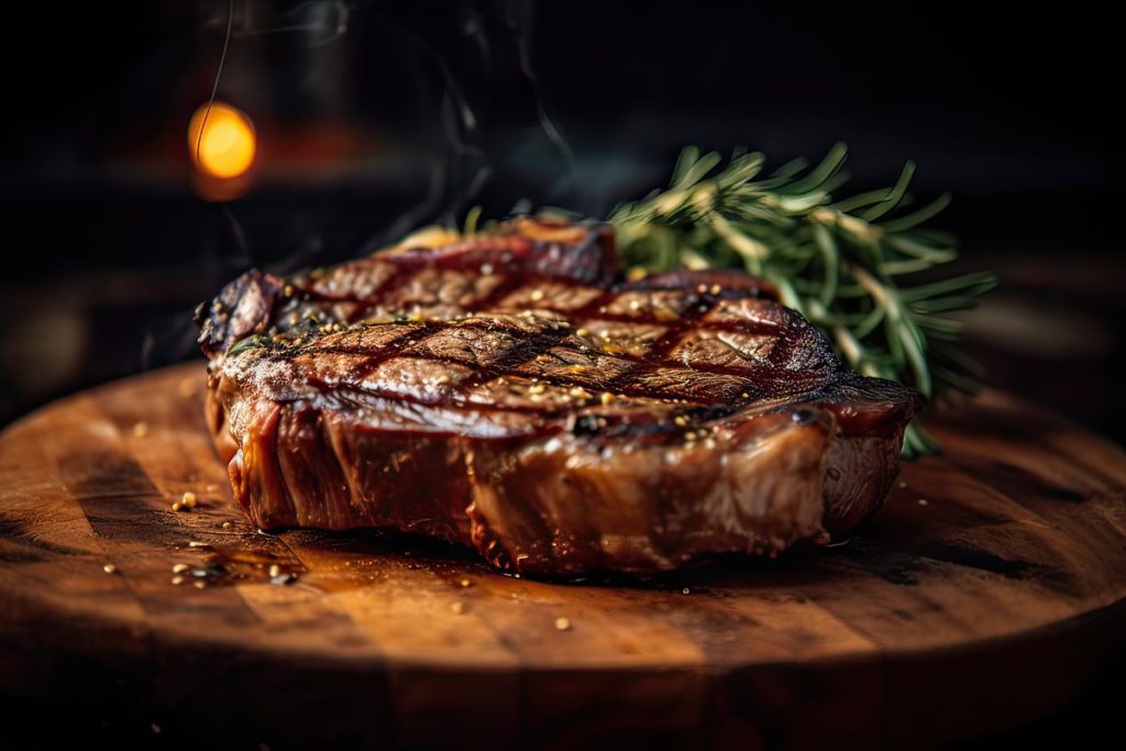Grilled ribeye beef steak served on wooden board with rosemary