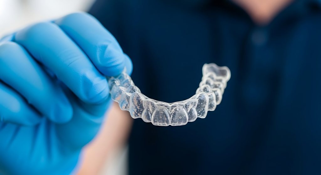 gloved hand holding clear dental aligner