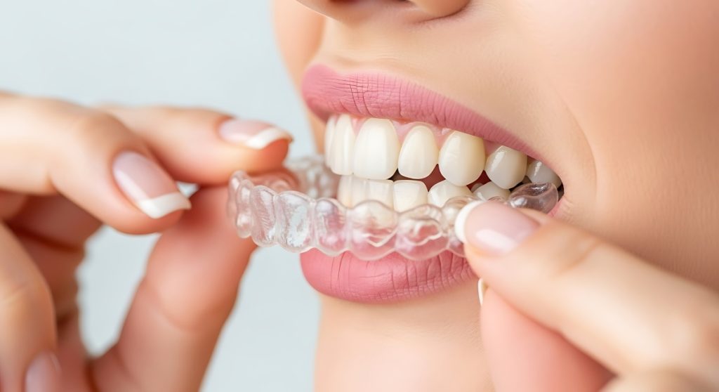 Person applying clear dental aligner teeth