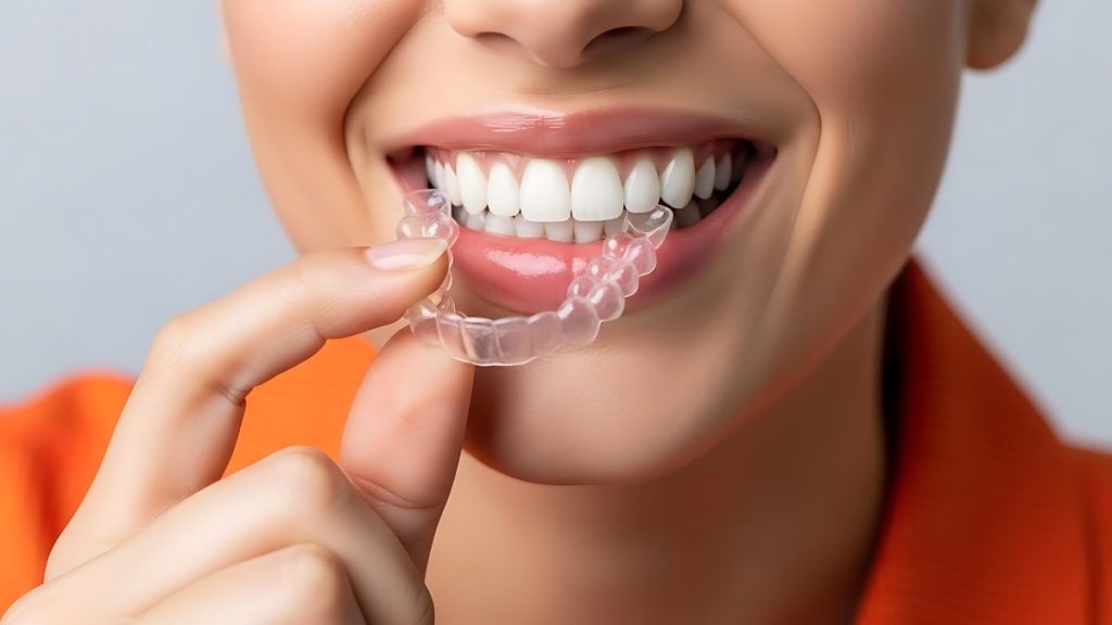 Confident woman with a radiant smile holding a modern clear dental aligner for teeth straightening