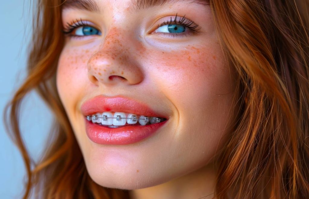 Close-up portrait of beautiful young girl with braces on teeth and beautiful smile