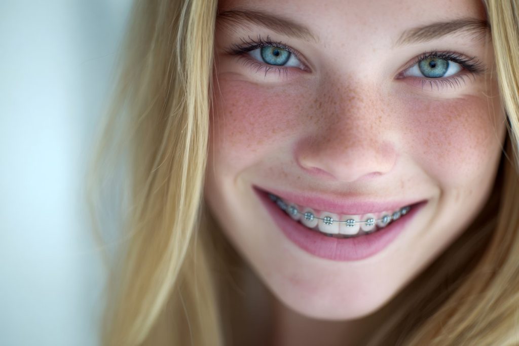 Young girl with blue eyes and freckles smiling confidently with braces, showcasing positive dental care and youthful happiness in natural light portrait