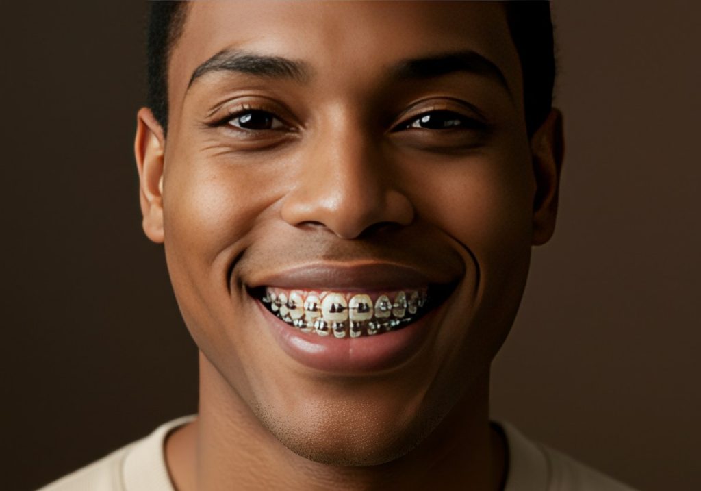 A young African-American man with braces smiles broadly, showcasing his commitment to dental health