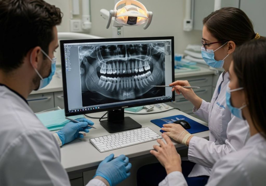 A dentist and two dental assistants looking at a computer screen