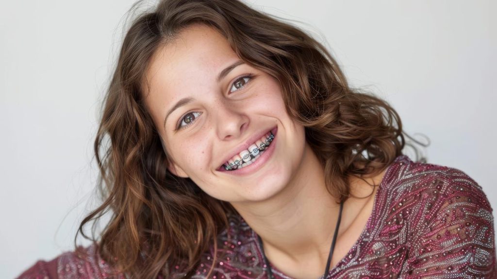 braces on teeth Beautiful red lips and white teeth with metal braces