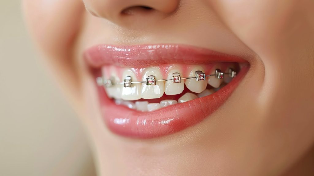 Close up of beautiful woman teeth with orthodontic braces