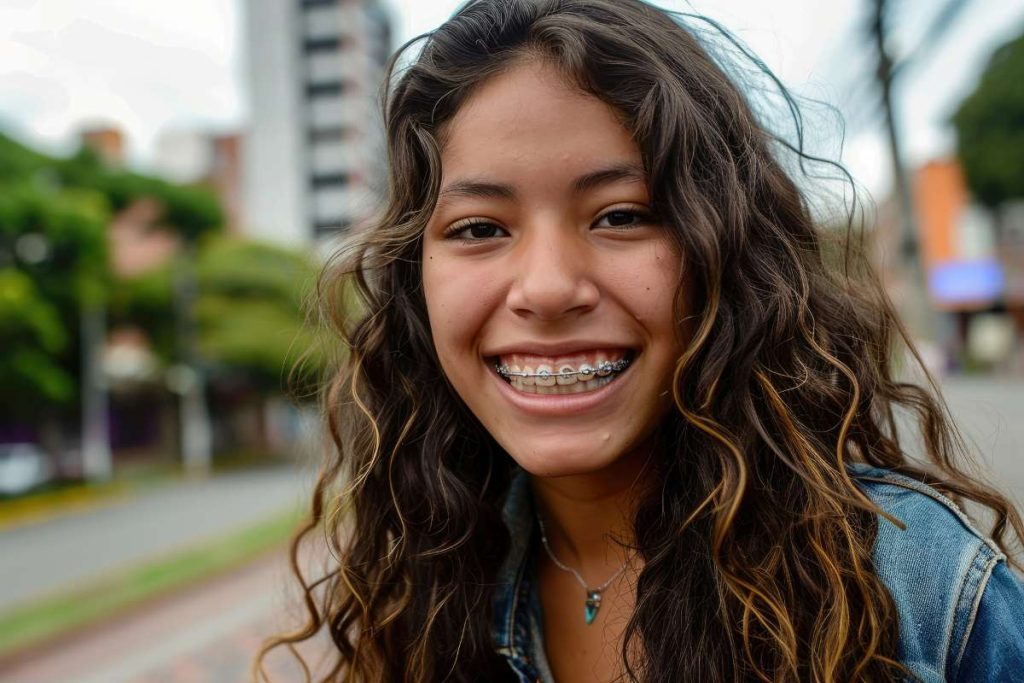 Teen-aged woman with braces smiling mouth