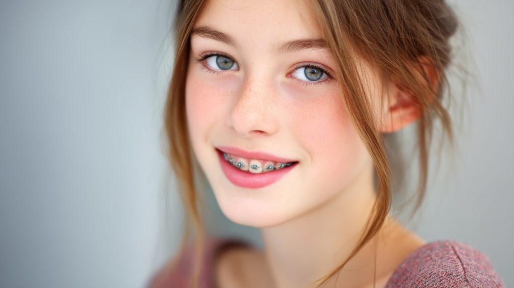 Smiling girl with clear braces portrait indoor close-up confidence