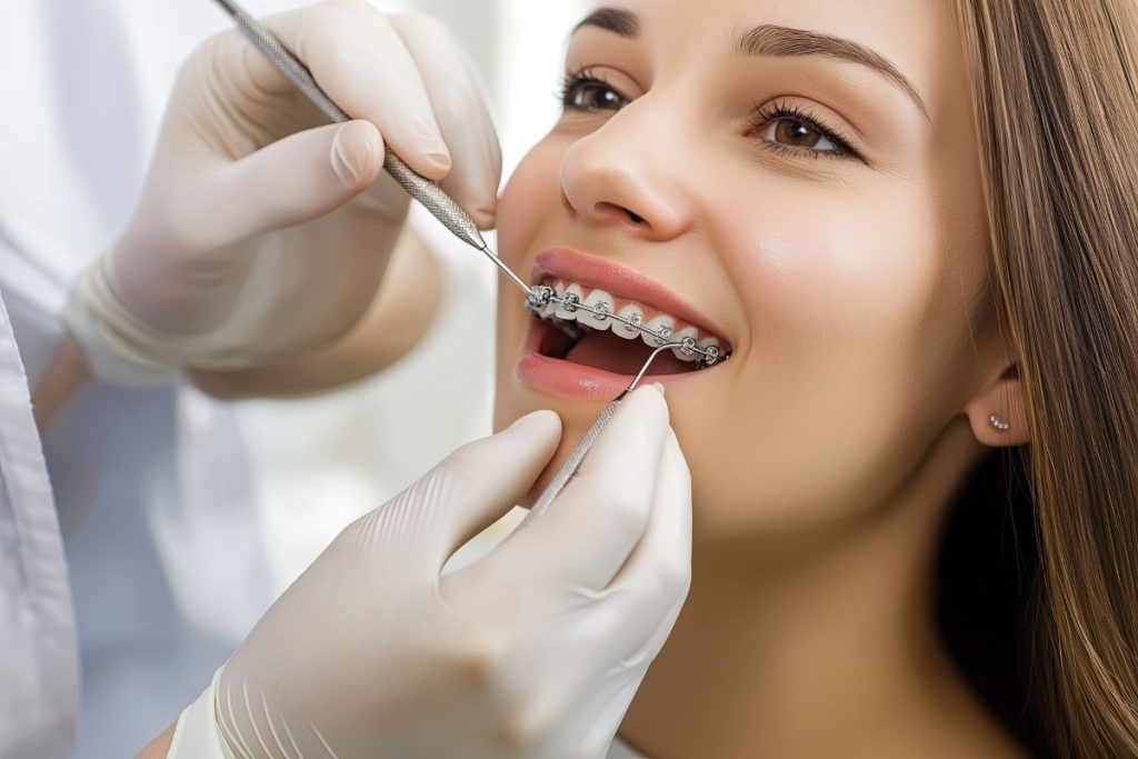 young beautiful woman with braces on her teeth undergoing orthodontic treatment