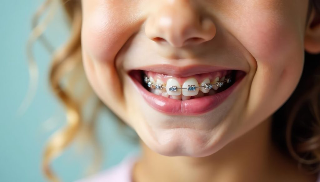A close up of a young girl with braces