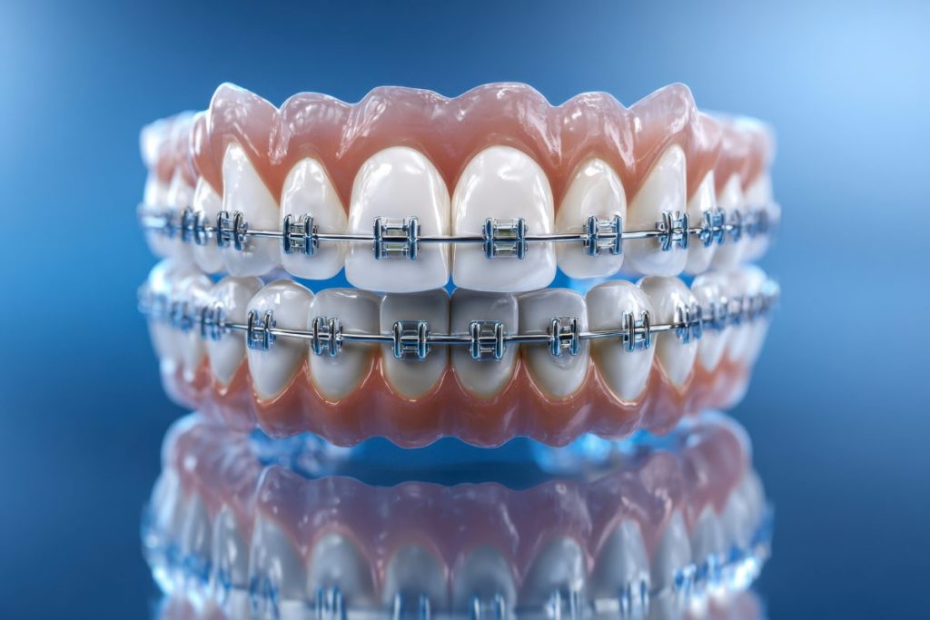 Close-up of dental braces on realistic model showing metal brackets and archwires for teeth alignment against soft blue background with reflection effect