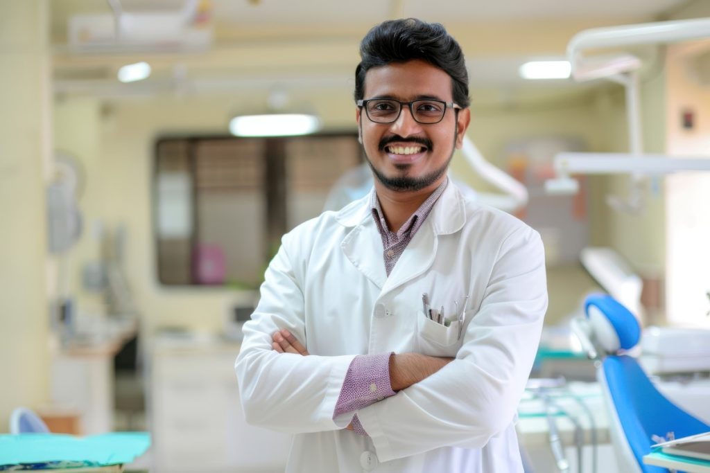 Smiling Dentist in Uniform at a Hospital Setting