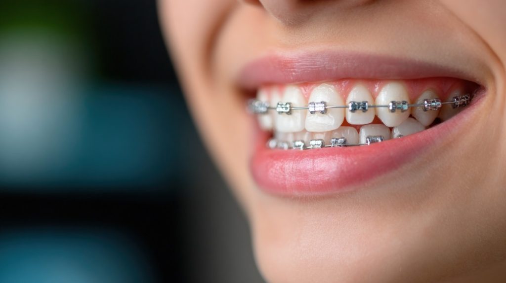 Close up of happy smiling mouth with metal orthodontic braces showing healthy teeth alignment and dental care treatment process